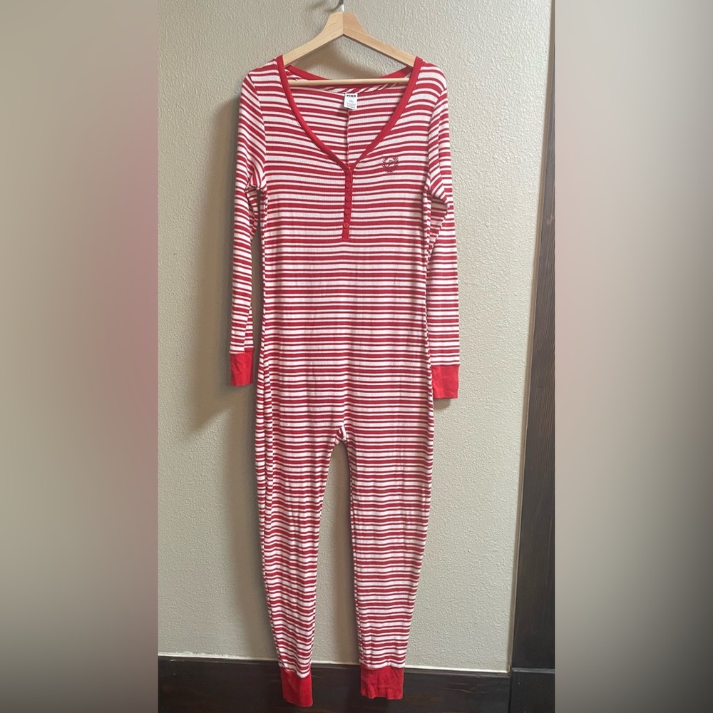PINK Sz L Onesie Pajamas•Victoria's Secret Red and White Striped Thermal